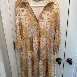 Roolee Long Sleeve Floral Patchwork Dress in Yellow and Cream